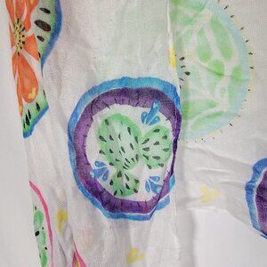Disney Parks White scarf Hidden Mickeys Fruit Flowers pink blue 62 x 17" fringe